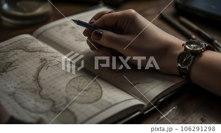 Desk with papers, a white pad and the hands of a businessman who is about to write. Close-up to the hands of a man with a suit and watch writing in his notebook. AI Generative. 106291298