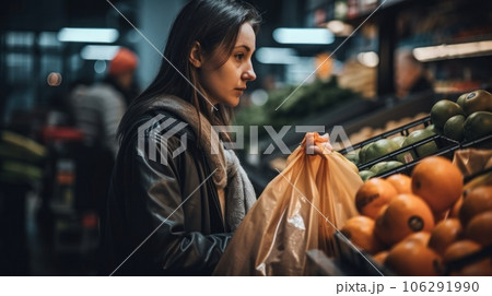 Woman chooses fruits and vegetables food market. Reusable bag shopping. Zero waste. AI Generative. 106291990