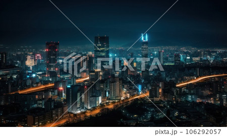 Panoramic skyline and modern commercial buildings with empty asphalt road. AI Generative. 106292057