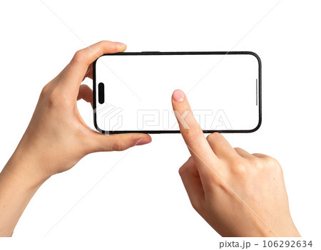 Finger clicking on mobile phone screen center. Hand holding smartphone mock up horizontally, isolated on white background 106292634