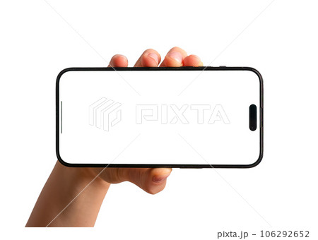 Hand holding horizontal smartphone screen, mobile phone mock up isolated on white background 106292652