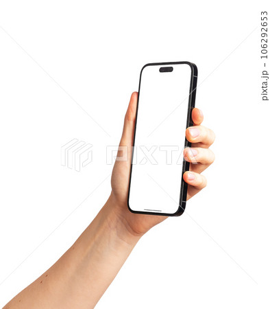 Hand holding iphone screen mock up, mobile phone mockup, angle view, isolated on white background Hand holding iphone screen mock up, mobile phone mockup, angle view, isolated on white background 106292653