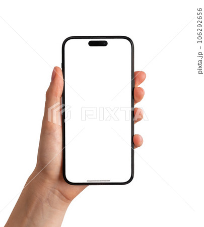 Hand holding mobile phone screen mockup, iphone mock up isolated on white background 106292656