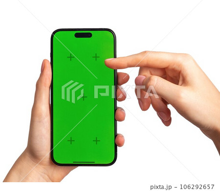 Hand holding mobile phone screen mockup, scrolling with finger green iphone 14 mock up isolated on white background 106292657