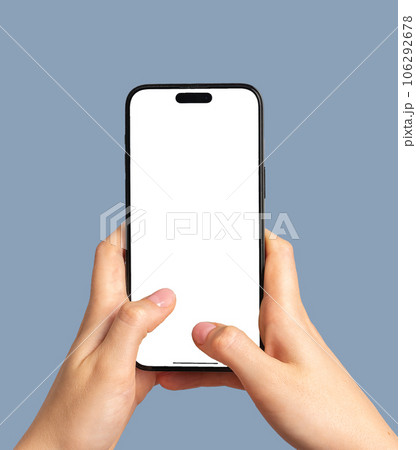 Hands holding mobile phone, texting. Use smartphone screen mockup, typing with thumbs Hands holding mobile phone, texting. Use smartphone screen mockup, typing with thumbs 106292678