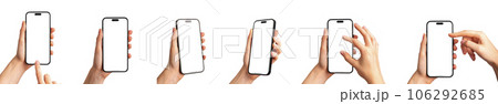 Hands holding, using smartphone screen mockups, mobile phone, vertical mock-ups set isolated on white background Hands holding, using smartphone screen mockups, mobile phone, vertical mock-ups set isolated on white background 106292685