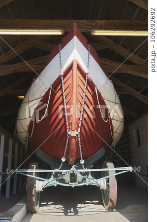Old wooden ship on a mobile platform in Denmark 106292692