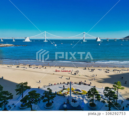 Aerial view of gwangalli beach and gwangandaegyo bridge, Busan, South Korea, Asia. Aerial view of gwangalli beach and gwangandaegyo bridge, Busan, South Korea, Asia. 106292753