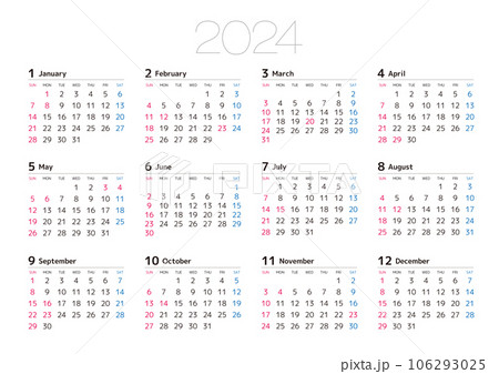 2024 calendar Sunday starts horizontal position - Stock