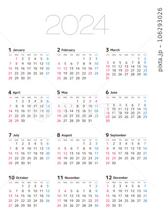 2024年カレンダー 日曜始まり 縦位置 106293026
