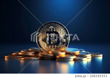 A bitcoin gold coin in the middle of gold bars on a dark blue background. 106293351