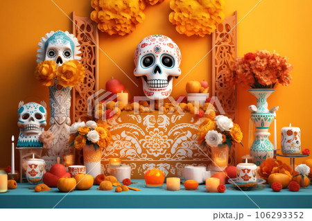 Day of the dead decorations on dark orange background 106293352