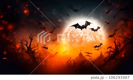 Bats and full moon over a scary forest, idea for a Halloween postcard or banner. AI generated 106293987