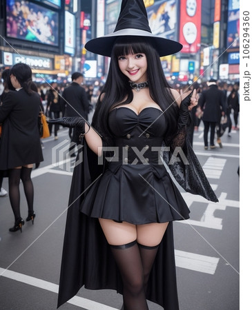 ハロウィン 渋谷 仮装 魔女 美人 セクシー コスプレのイラスト素材