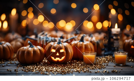 Dark tones Halloween composition. Spooky pumpkin jack-o-lanterns, many burning candles, golden beads, dry fallen leaves, blurred background with bokeh effect. Template, copy space. 106294717