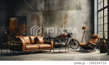 Bright eclectic living room interior in loft style. Concrete grunge wall, vintage brown leather sofa and armchair, coffee table, retro motorcycle, home decor. 3D rendering. 106294718