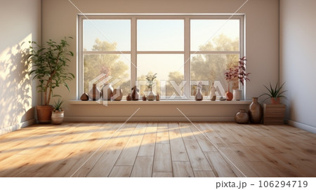 Aesthetic minimalist composition of japandi living room interior. White walls, decorative vases with plants on the wooden floor and windowsill, large window. Home decor. Template. 106294719