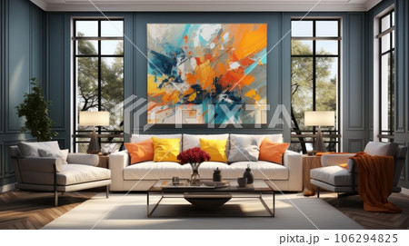 Modern colored living room interior in luxury house. Comfortable sofa and armchairs, coffee table, houseplants, large abstract painting. Panoramic windows with garden view. Contemporary home decor. 106294825