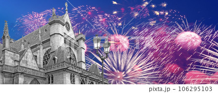 Celebratory fireworks over the Great gothic church of Saint Germain l Auxerrois, Paris, France Celebratory fireworks over the Great gothic church of Saint Germain l Auxerrois, Paris, France 106295103