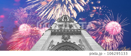 Celebratory fireworks over the Great gothic church of Saint Germain l Auxerrois, Paris, France 106295133