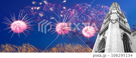 Celebratory fireworks over the Great gothic church of Saint Germain l Auxerrois, Paris, France 106295134