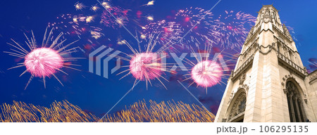 Celebratory fireworks over the Great gothic church of Saint Germain l Auxerrois, Paris, France Celebratory fireworks over the Great gothic church of Saint Germain l Auxerrois, Paris, France 106295135