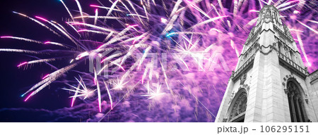 Celebratory fireworks over the Great gothic church of Saint Germain l Auxerrois, Paris, France 106295151