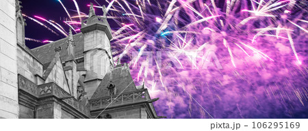 Celebratory fireworks over the Great gothic church of Saint Germain l Auxerrois, Paris, France Celebratory fireworks over the Great gothic church of Saint Germain l Auxerrois, Paris, France 106295169