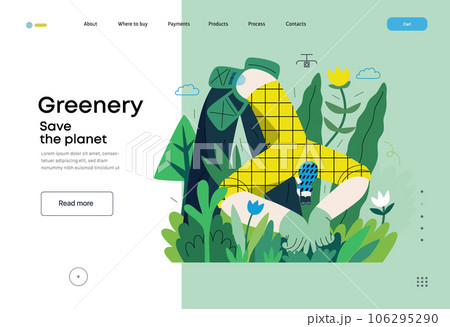 Greenery, ecology -modern flat vector concept illustration of a female gardener carrying the plants. Metaphor of environmental sustainability and protection, closeness to nature 106295290