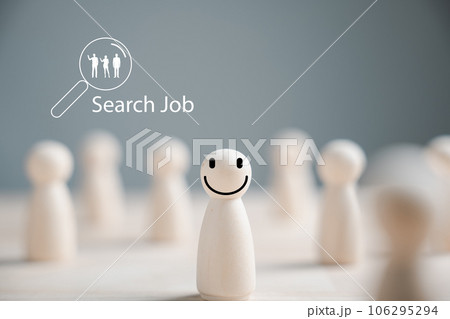 Wooden figure stands as employee leader in business hiring and recruitment. Find your career, job search concept. People searching for vacancies or positions online. HR management, career opportunity. 106295294