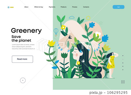 Greenery, ecology -modern flat vector concept illustration of a mural of a woman, surrounded by plants. Metaphor of environmental sustainability and protection, closeness to nature 106295295
