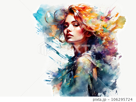 カラフルな女性の絵 カラフルな色彩あふれる女性の水彩画イメージ10: バリエーション多数の