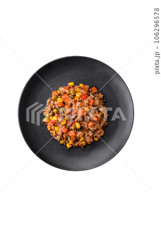 Delicious veggie salad with canned tuna and mexican vegetable mix Delicious veggie salad with canned tuna and mexican vegetable mix 106296578