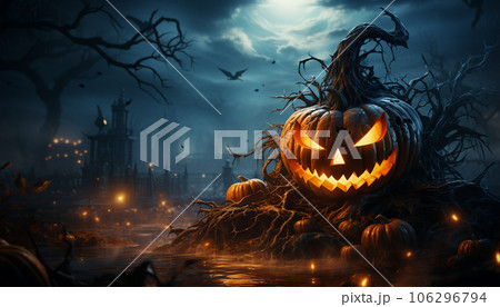 Scary diabolical halloween pumpkins in the night 106296794
