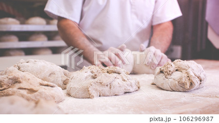 close-up on hands of baker kneading dough to bake fresh bread 106296987