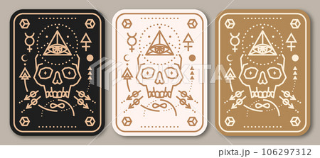 Esoteric symbols poster, banner. Vector. Thin line geometric badge. Outline icon for alchemy or sacred geometry. Mystic and magic design with skull and alchemy symbols. Esoteric symbols poster, banner. Vector. Thin line geometric badge. Outline icon for alchemy or sacred geometry. Mystic and magic design with skull and alchemy symbols. 106297312