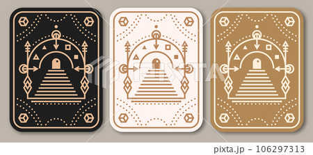 Esoteric symbols poster, banner. Vector. Thin line geometric badge. Outline icon for alchemy or sacred geometry. Mystic and magic design with Gate to another world. Esoteric symbols poster, banner. Vector. Thin line geometric badge. Outline icon for alchemy or sacred geometry. Mystic and magic design with Gate to another world. 106297313