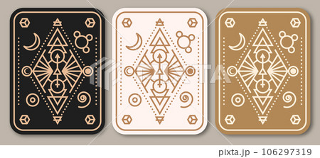 Esoteric symbols poster, banner. Vector. Thin line geometric badge. Outline icon for alchemy or sacred geometry. Mystic and magic design with alchemy symbols. 106297319