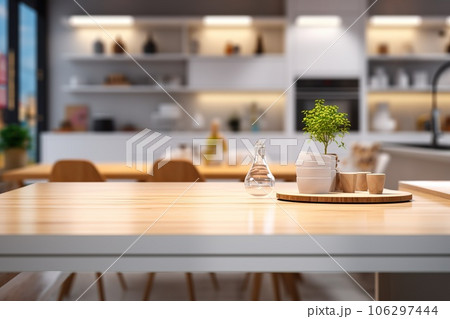 Kitchen counter top for product display with modern minimalist kitchen room interior in the background Kitchen counter top for product display with modern minimalist kitchen room interior in the background 106297444