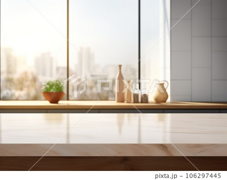 Kitchen counter top for product display with modern minimalist kitchen room interior in the background 106297445