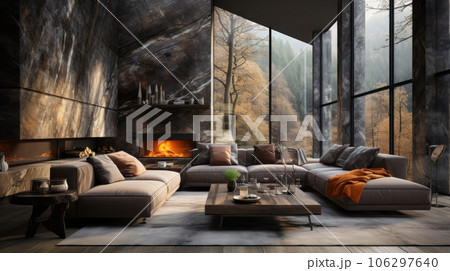 Interior of cozy modern luxury cottage. Stone wall, comfortable couches, wooden coffee table, fireplace, rug on wooden floor. Panoramic windows with forest view. Eco home design. 106297640