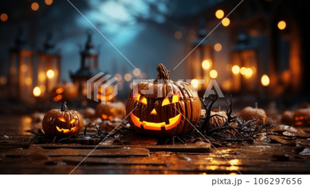 Sinister Halloween composition in dark tones. Spooky pumpkin jack-o-lanterns, burning candles, clumsy dry branches, blurred background with bokeh effect. Template, copy space. 106297656