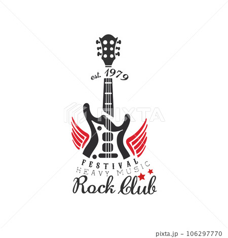 Rock club logo, heavy music festival est. 1979, design element with electric guitar can be used for poster, banner, flyer, print or stamp vector Illustration on a white background 106297770