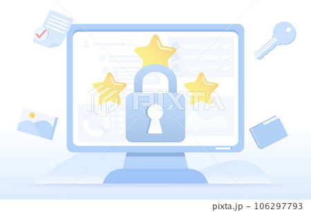 Business protection data concept. Cyber safety, protect analysis detail, backup, firewall, data access computer hacker, internet network security. Detect online threat. Flat vector design illustration 106297793