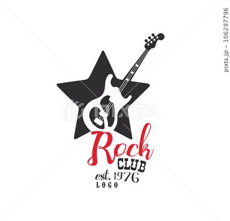 Rock club logo, est. 1976, design element with guitar can be used for poster, banner, flyer, print or stamp vector Illustration on a white background 106297796