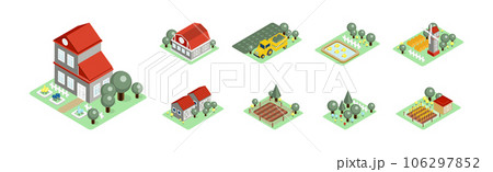 Isometric Farm and Rural Landscape with Barn House, Tractor, Field and Windmill Vector Set 106297852