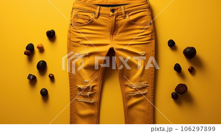 Yellow faded, ripped and frayed jeans and decorative stones on yellow background. Flat lay. Fashion and retail concept. Copy space. Yellow faded, ripped and frayed jeans and decorative stones on yellow background. Flat lay. Fashion and retail concept. Copy space. 106297899