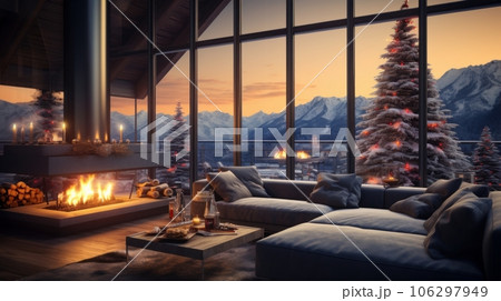 Interior of cozy living room in modern minimalist cottage with Christmas decor. Blazing fireplace, burning candles, elegant Christmas tree, comfortable couch, panoramic window with mountains view. 106297949