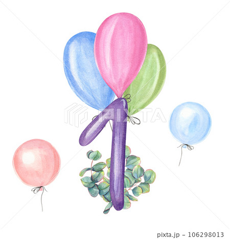 Watercolor holiday card with first anniversary for any holiday. Number 1, colored balloons, eucalyptus. Hand painted illustration isolated on white background. For greeting card 106298013