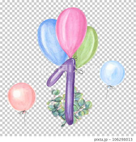 Watercolor holiday card with first anniversary for any holiday. Number 1, colored balloons, eucalyptus. Hand painted illustration isolated on white background. For greeting card 106298013